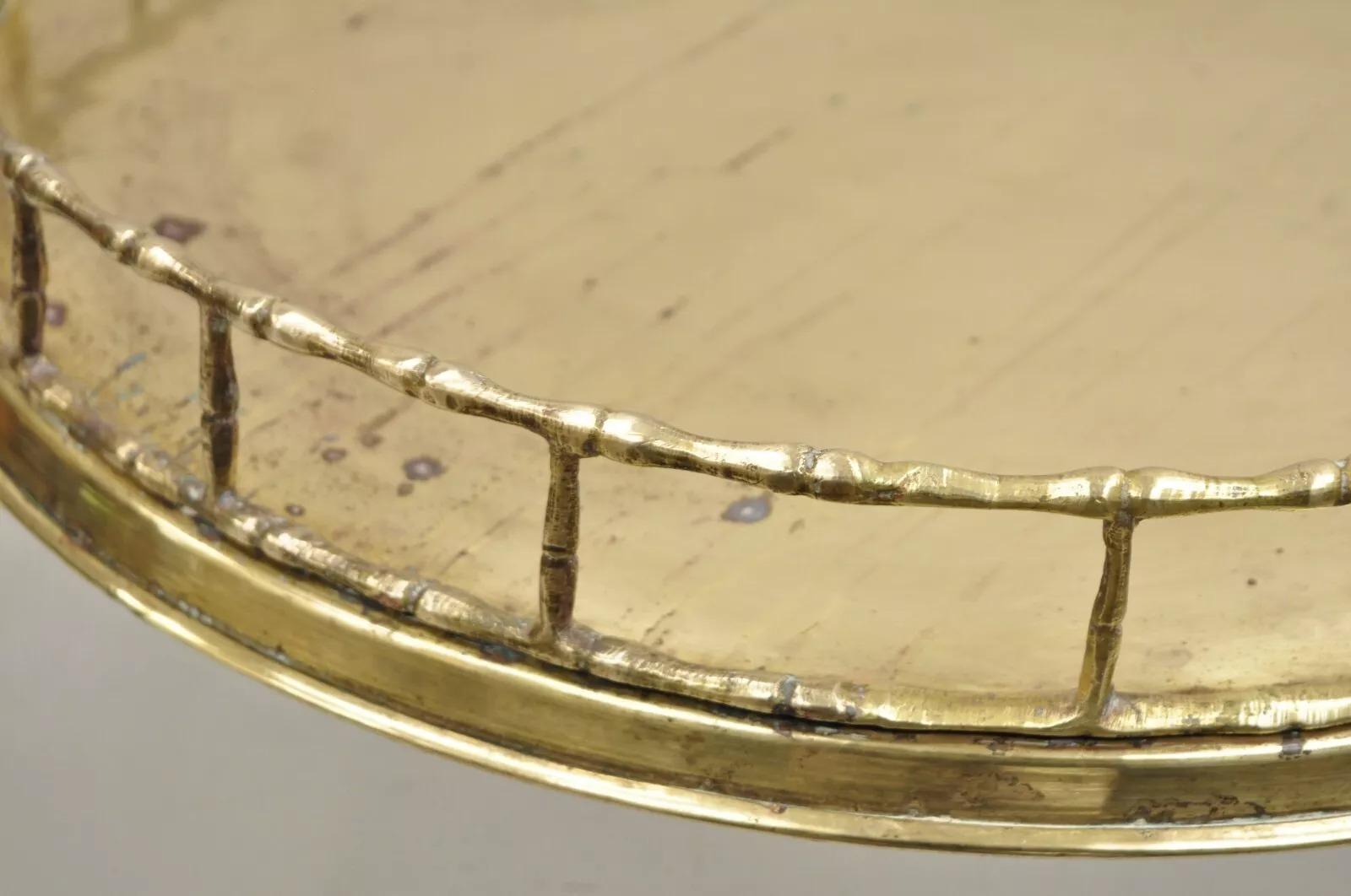 Vintage Hollywood Regency Faux Bamboo Solid Brass Round Serving Platter Tray 3