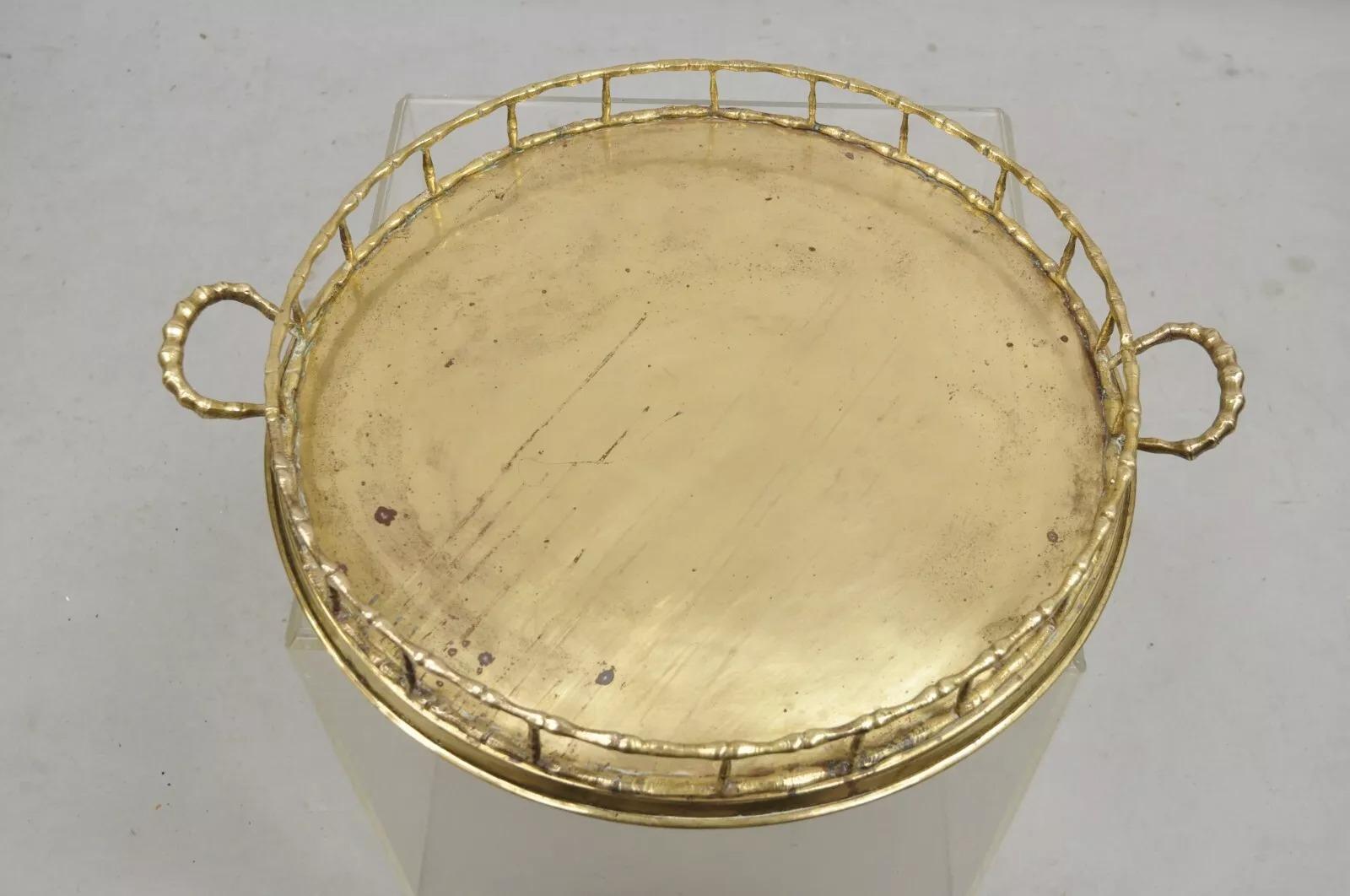 Vintage Hollywood Regency Faux Bamboo Solid Brass Round Serving Platter Tray For Sale 4