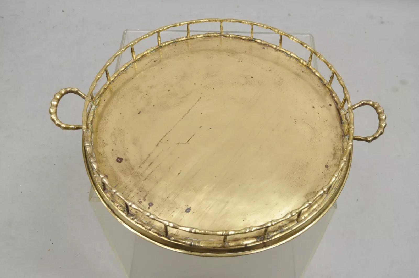 Vintage Hollywood Regency Faux Bamboo Solid Brass Round Serving Platter Tray 4