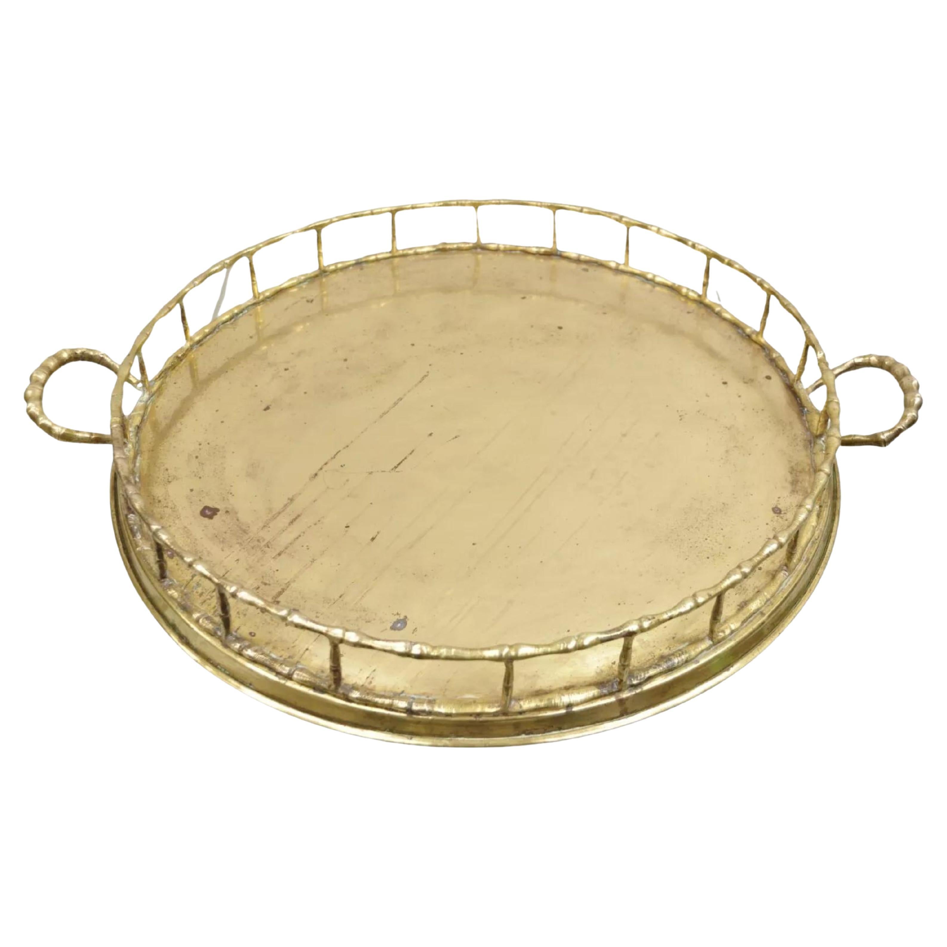 Vintage Hollywood Regency Faux Bamboo Solid Brass Round Serving Platter Tray For Sale