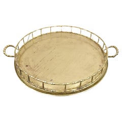 Retro Hollywood Regency Faux Bamboo Solid Brass Round Serving Platter Tray