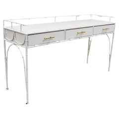 Retro Hollywood Regency Faux Bamboo White 3 Drawer Metal Hall Console Table