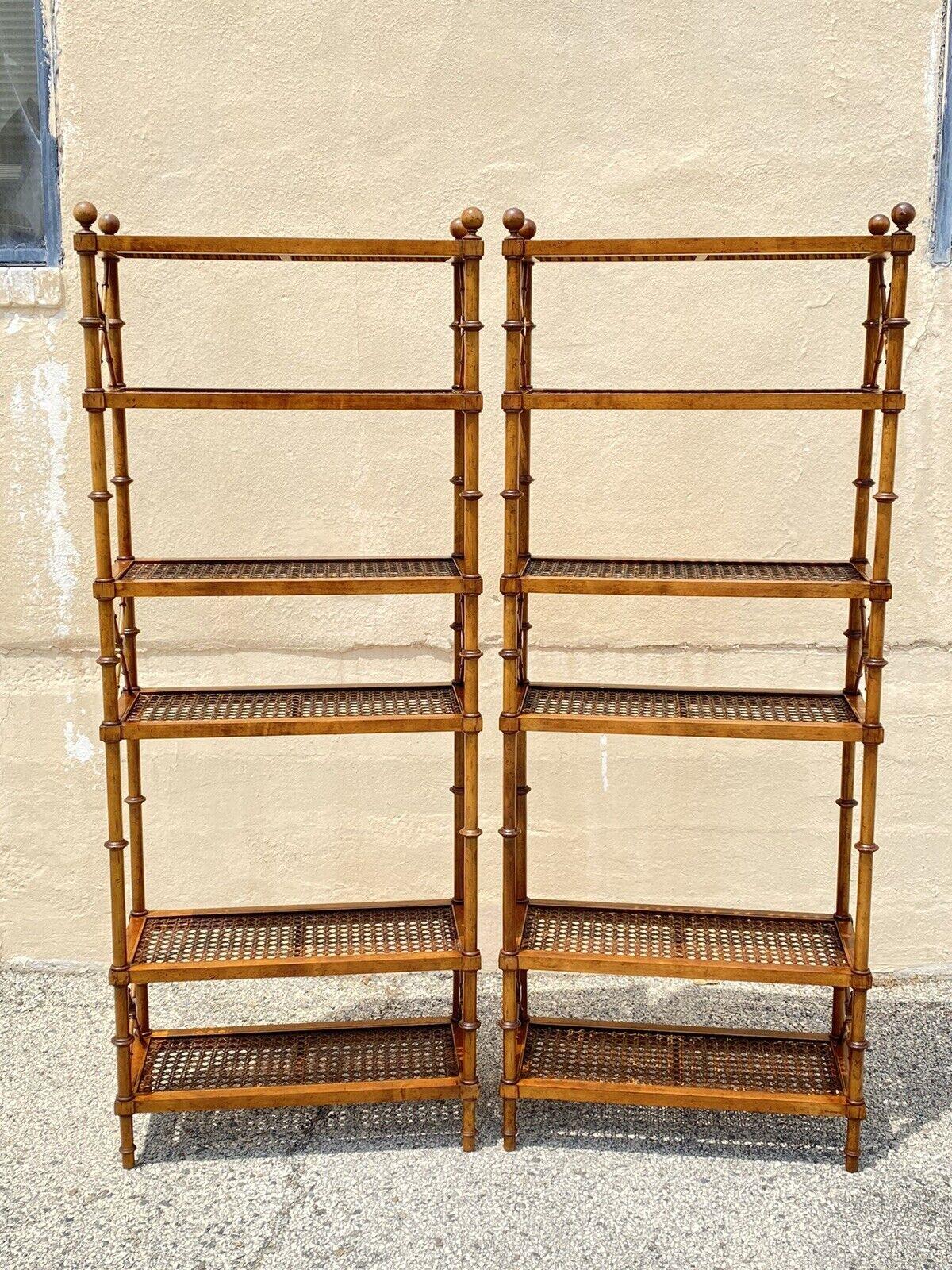 Vintage Hollywood Regency Faux Bamboo Wood & Cane 6 Tier Bookcase Etagere - Pair For Sale 5