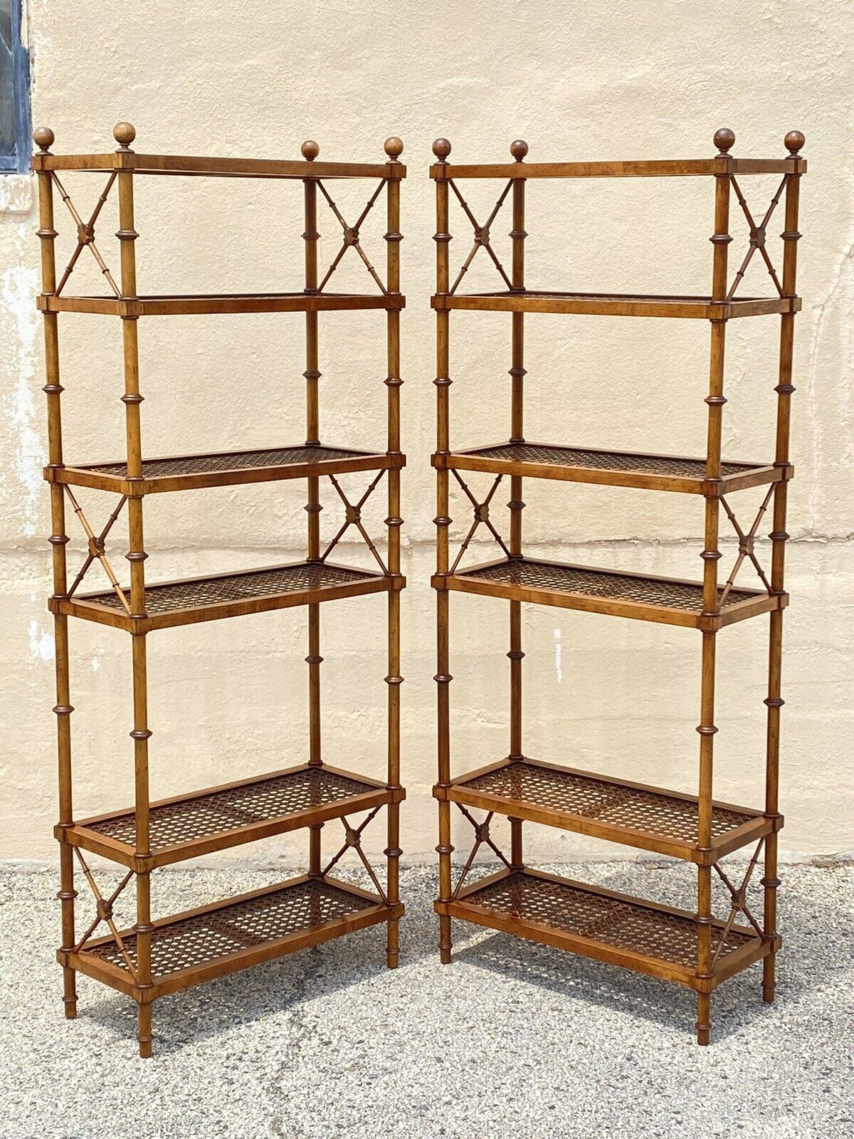 Vintage Hollywood Regency Faux Bamboo Wood & Cane 6 Tier Bookcase Etagere - Pair For Sale