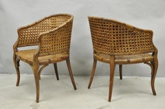 Vintage Hollywood Regency Faux Bamboo Wood & Cane Barrel Back Lounge Chair, Pair