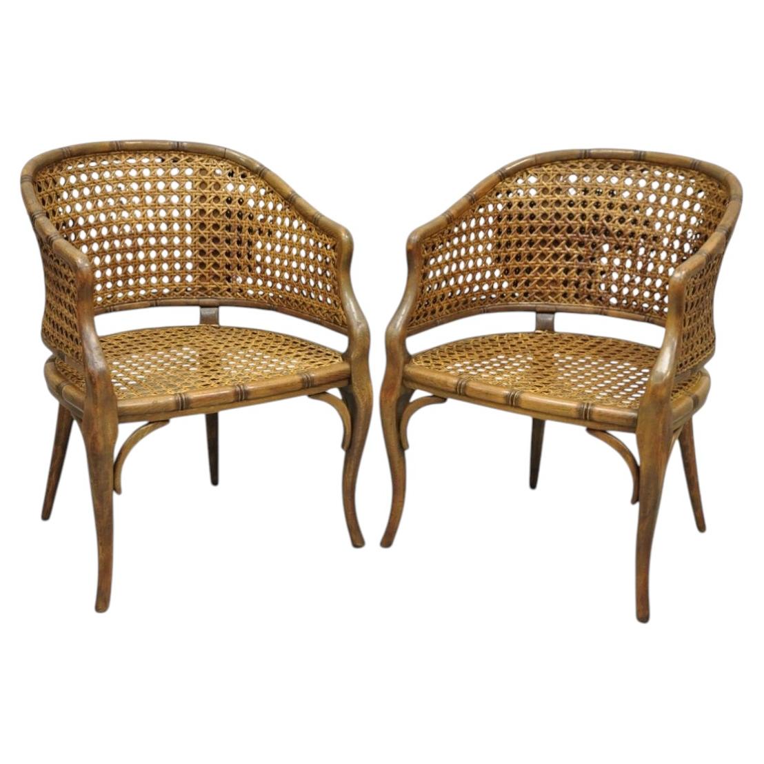 Vintage Hollywood Regency Faux Bamboo Wood & Cane Barrel Back Lounge Chair, Pair