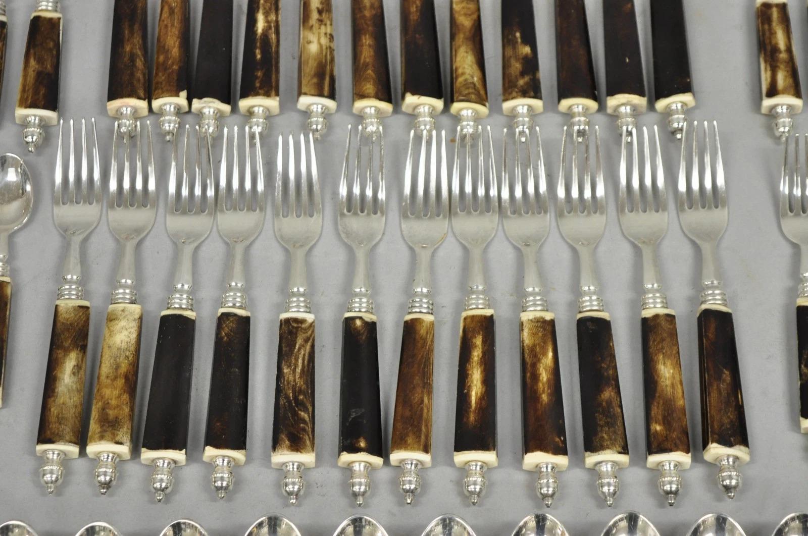 Vintage Hollywood Regency Faux Horn Handle Silver Flatware (5 pc) Set Svc for 12 For Sale 8