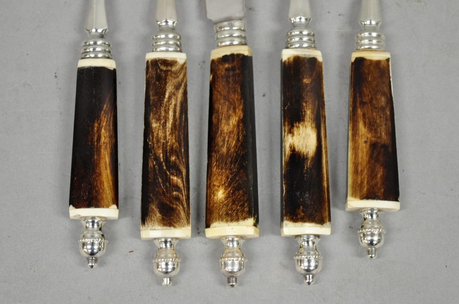 Vintage Hollywood Regency Faux Horn Handle Silver Flatware (5 pc) Set Svc for 12 In Good Condition For Sale In Philadelphia, PA