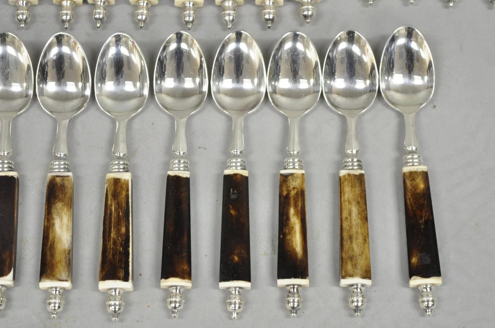 20th Century Vintage Hollywood Regency Faux Horn Handle Silver Flatware (5 pc) Set Svc for 12 For Sale