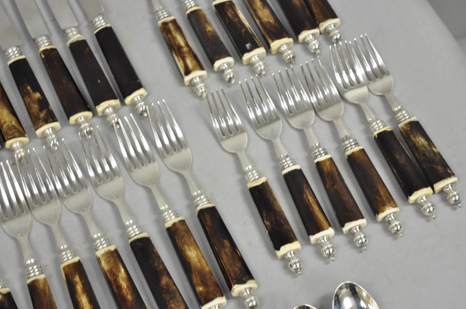 Stainless Steel Vintage Hollywood Regency Faux Horn Handle Silver Flatware (5 pc) Set Svc for 12 For Sale