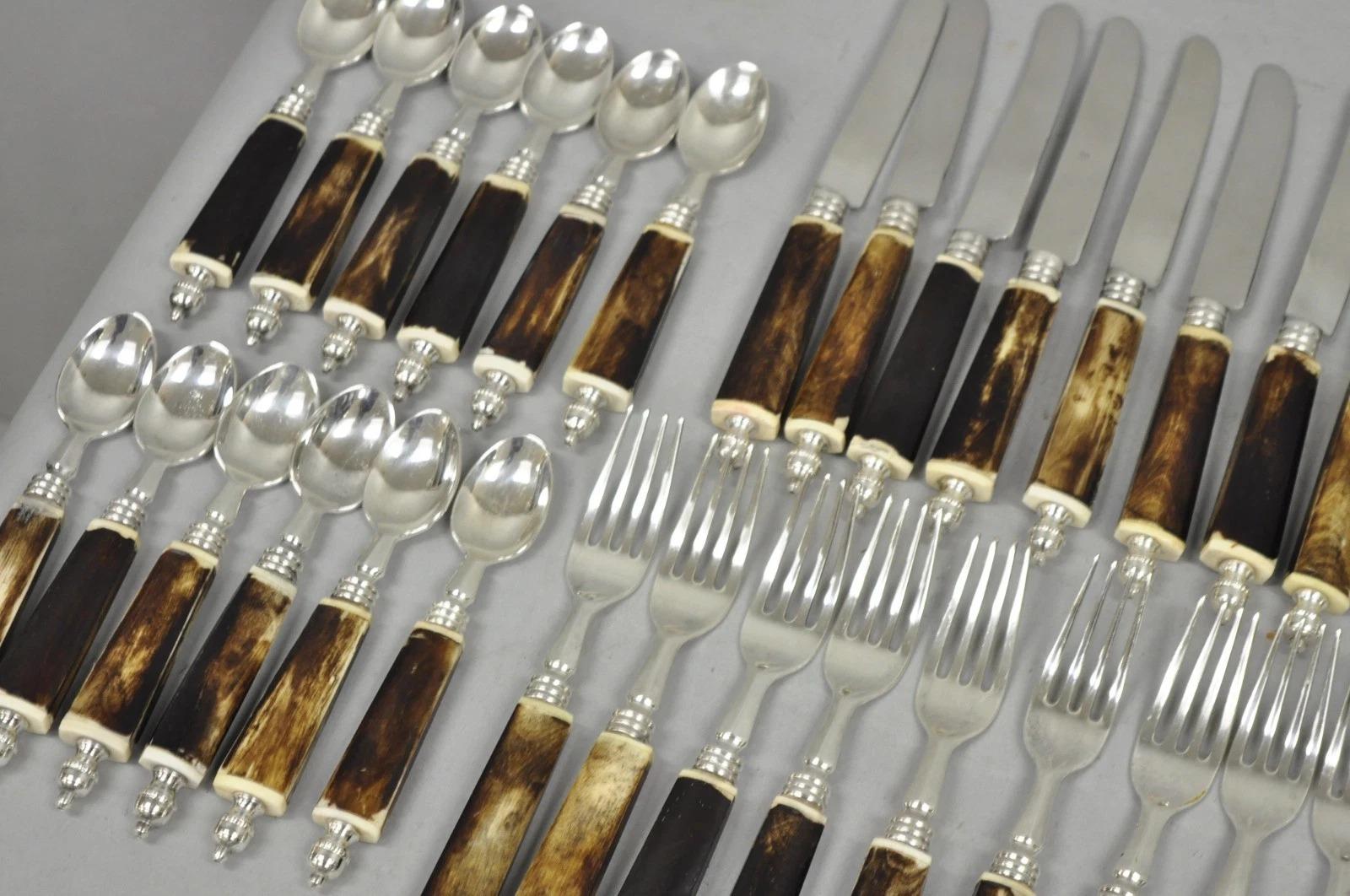 Vintage Hollywood Regency Faux Horn Handle Silver Flatware (5 pc) Set Svc for 12 For Sale 1