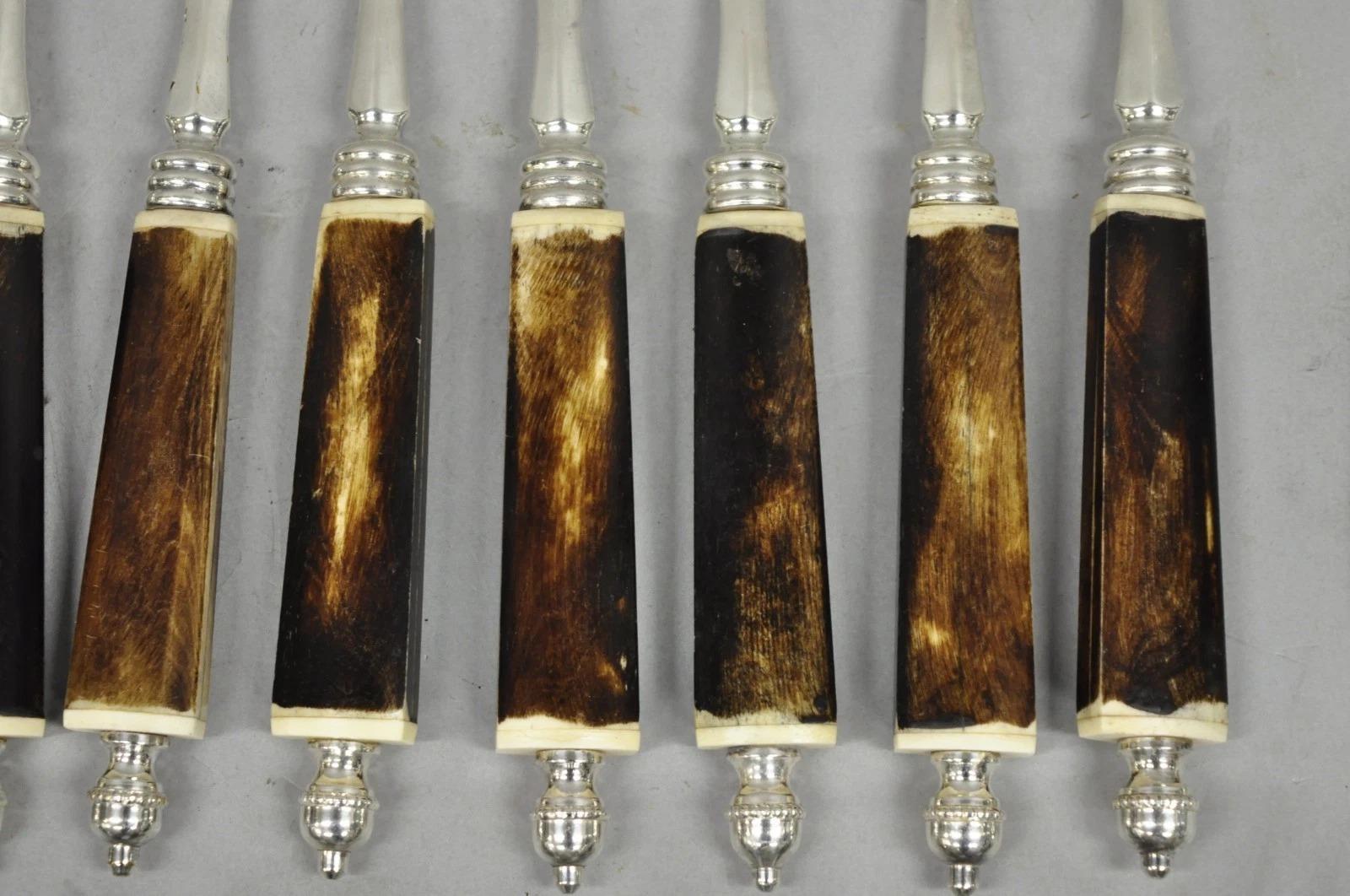 Vintage Hollywood Regency Faux Horn Handle Silver Flatware (5 pc) Set Svc for 12 For Sale 4