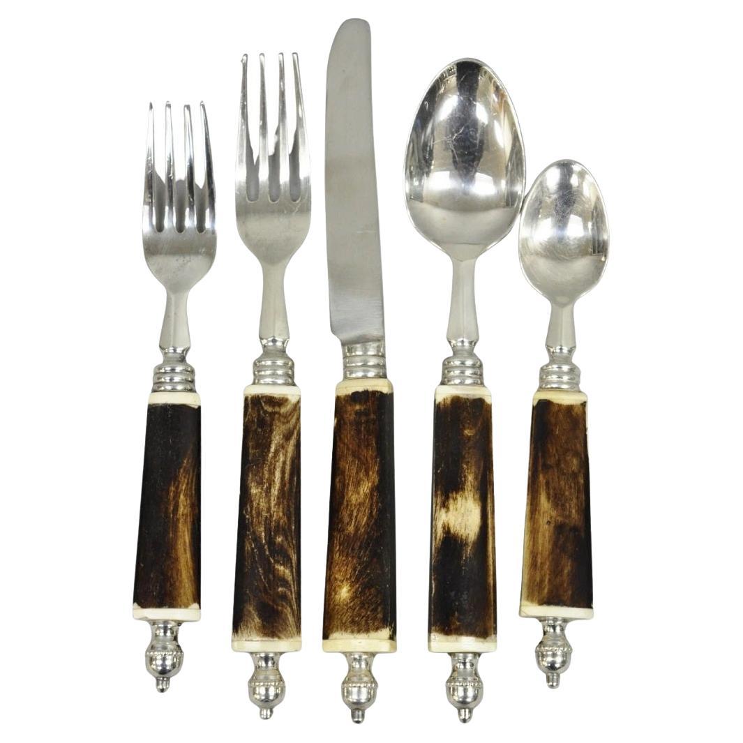 Vintage Hollywood Regency Faux Horn Handle Silver Flatware (5 pc) Set Svc for 12 For Sale
