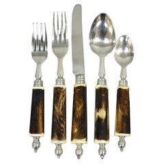 Vintage Hollywood Regency Faux Horn Handle Silver Flatware (5 pc) Set Svc for 12