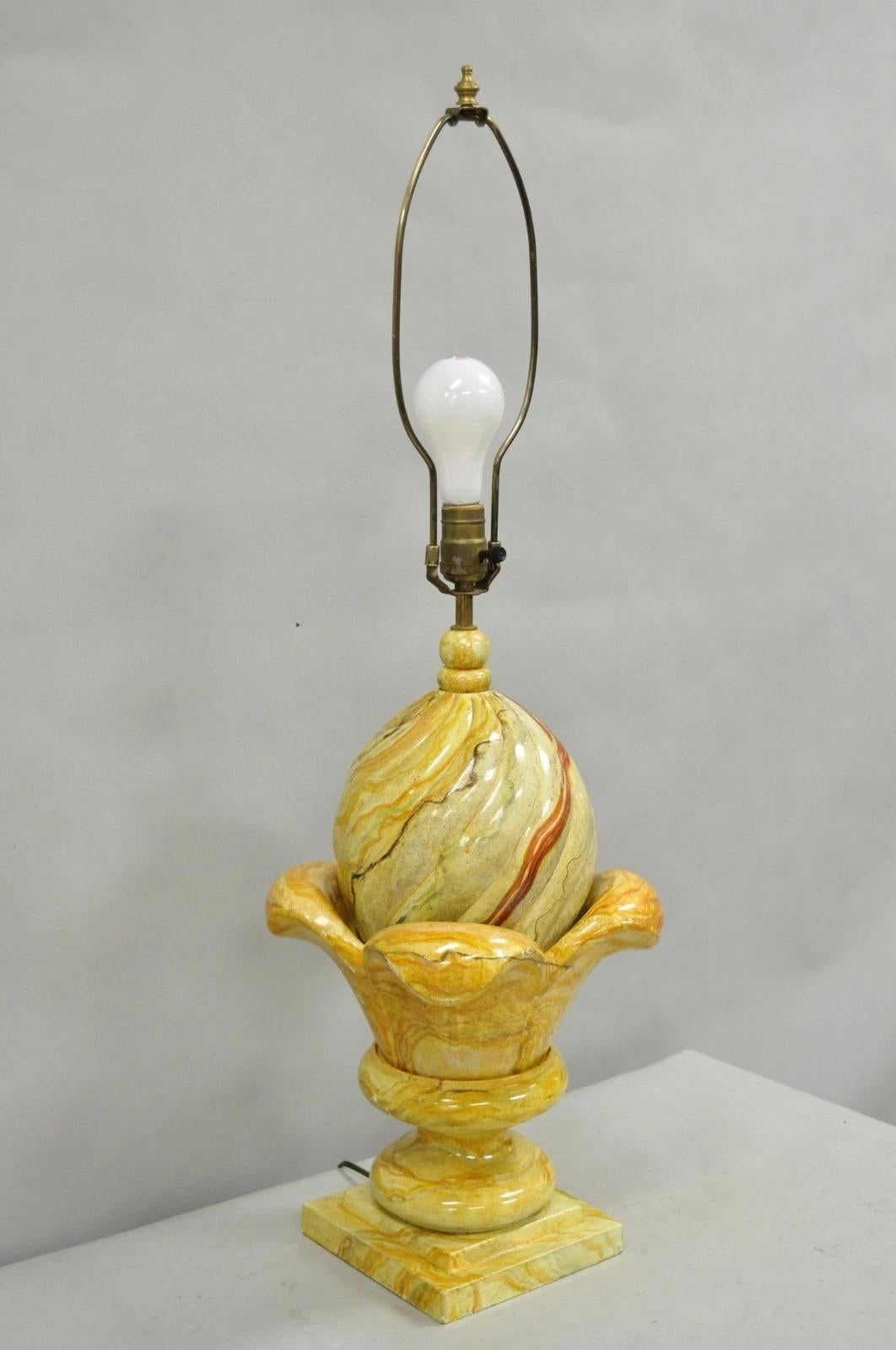 Vintage Hollywood Regency Faux Marble Orange Lacquered Wood Artichoke Table Lamp For Sale 7