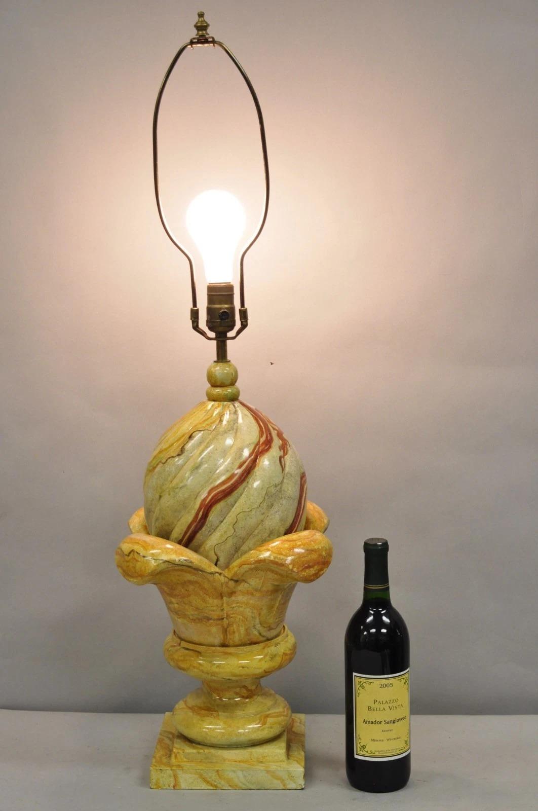 Vintage Hollywood Regency Faux Marble Orange Lacquered Wood Artichoke Table Lamp. Circa Mid 20th Century. Measurements: 35