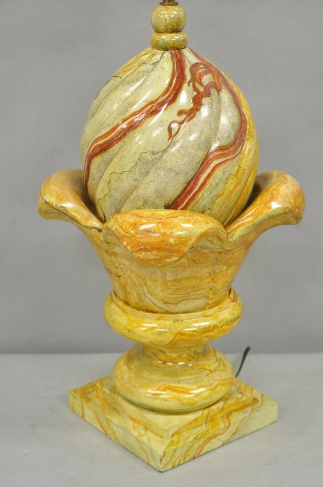 Unknown Vintage Hollywood Regency Faux Marble Orange Lacquered Wood Artichoke Table Lamp For Sale