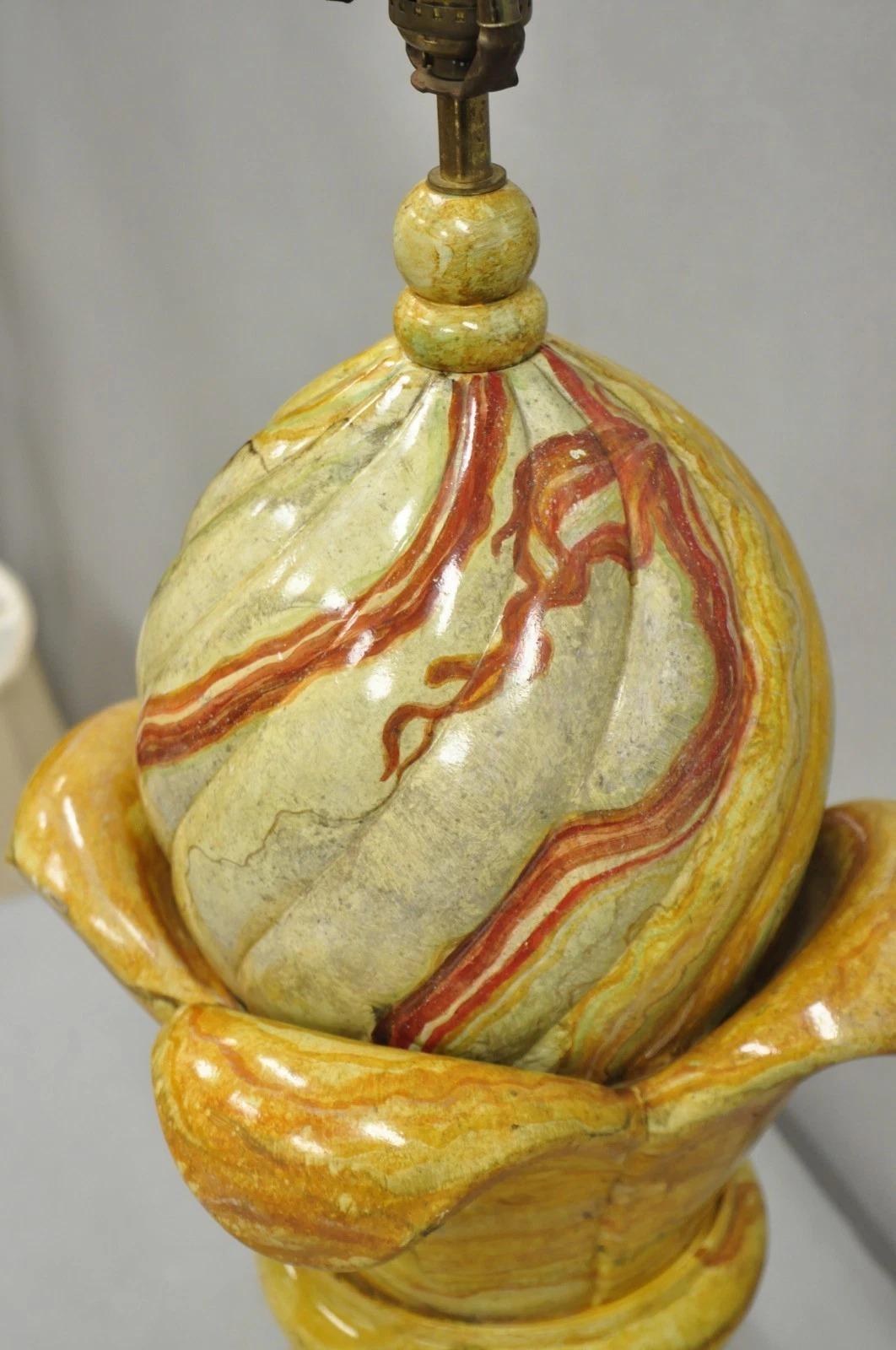 Vintage Hollywood Regency Faux Marble Orange Lacquered Wood Artichoke Table Lamp In Good Condition For Sale In Philadelphia, PA
