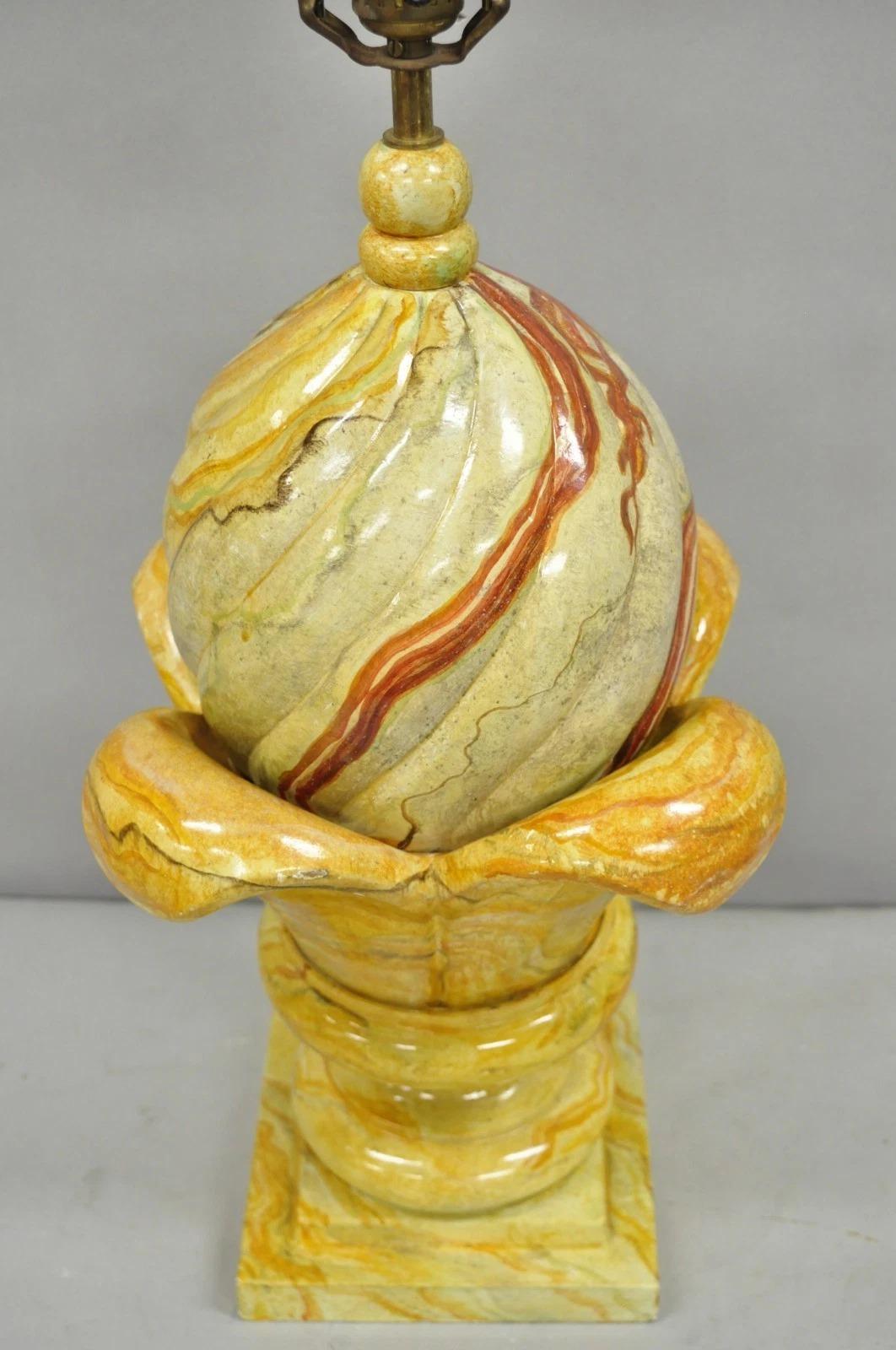 Vintage Hollywood Regency Faux Marble Orange Lacquered Wood Artichoke Table Lamp For Sale 2