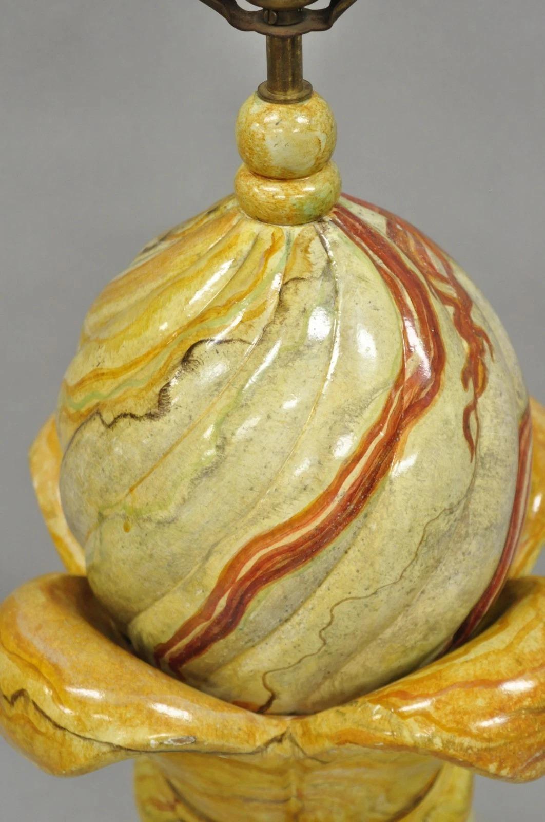 Vintage Hollywood Regency Faux Marble Orange Lacquered Wood Artichoke Table Lamp For Sale 3