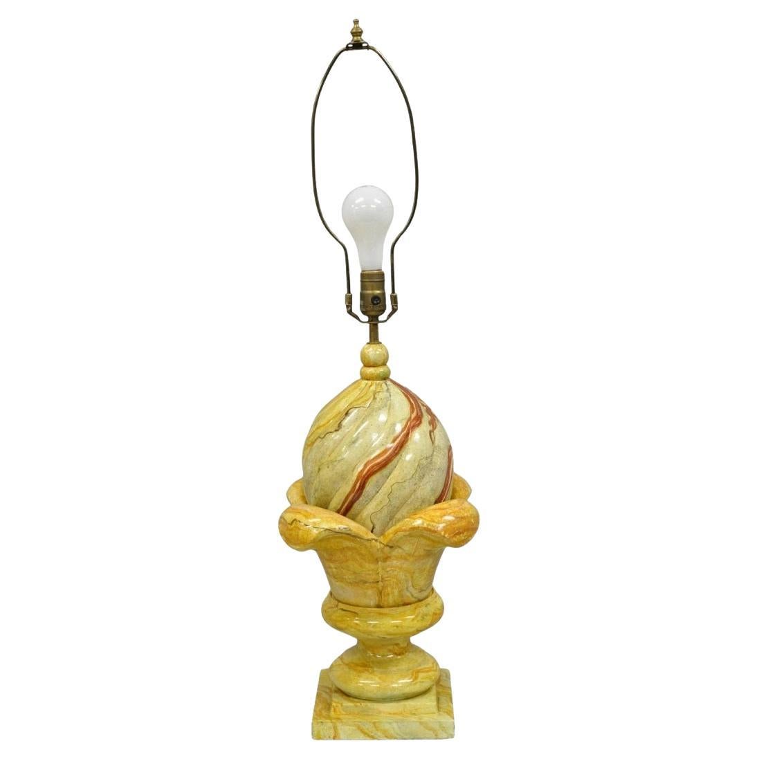 Vintage Hollywood Regency Faux Marble Orange Lacquered Wood Artichoke Table Lamp For Sale