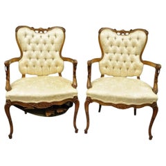 Vintage Hollywood Regency French Louis Style Drape Carved Arm Chairs - a Pair