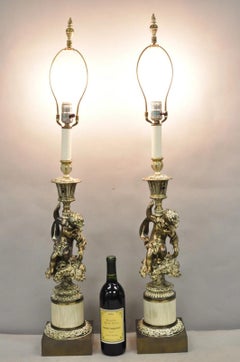 Vintage Hollywood Regency French Style Figural Cherub Metal Table Lamps - a Pair