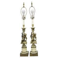 Vintage Hollywood Regency French Style Figural Cherub Metal Table Lamps - a Pair