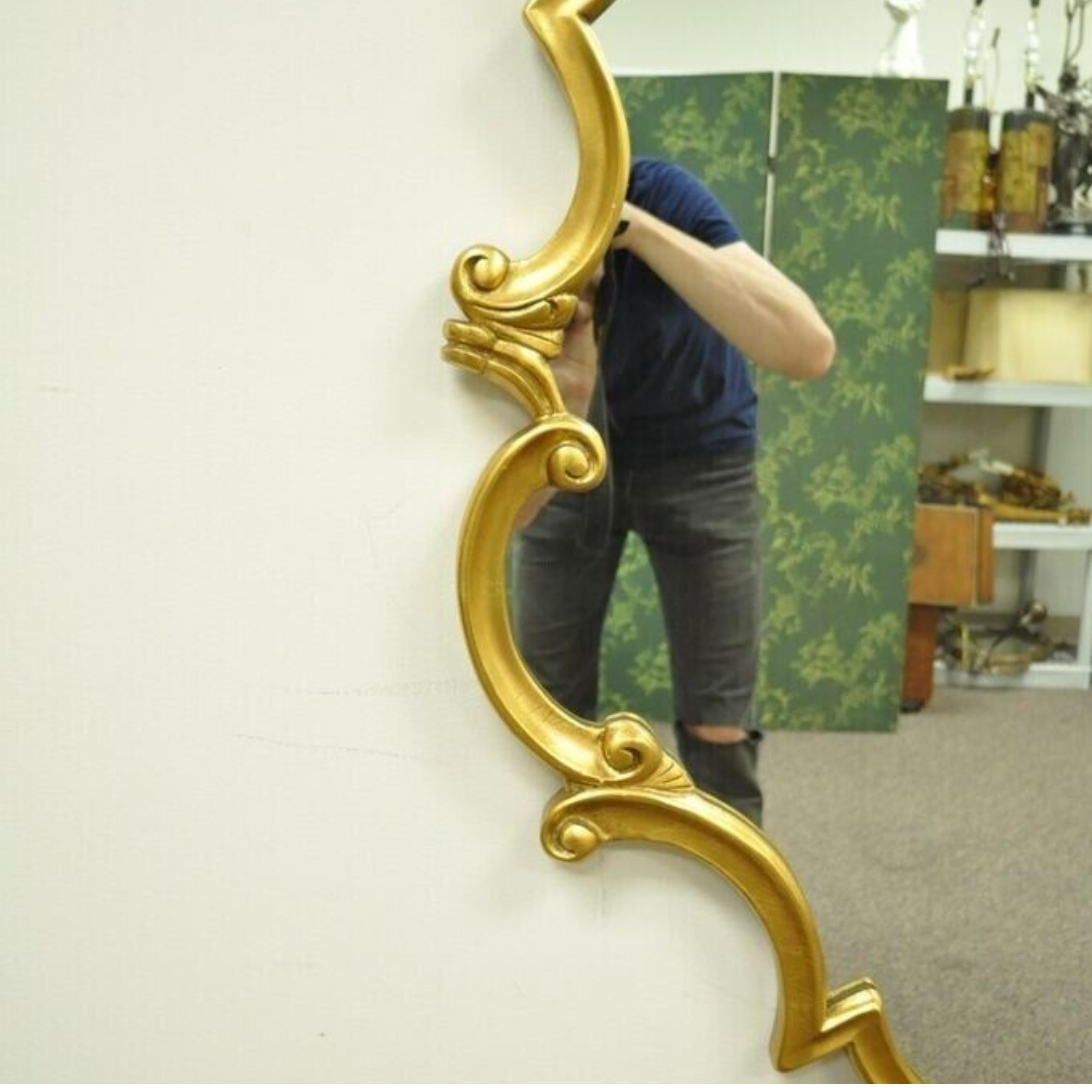 Vintage Hollywood Regency French Style Gold Carved Wood Scrollwork Wall Mirror For Sale 3