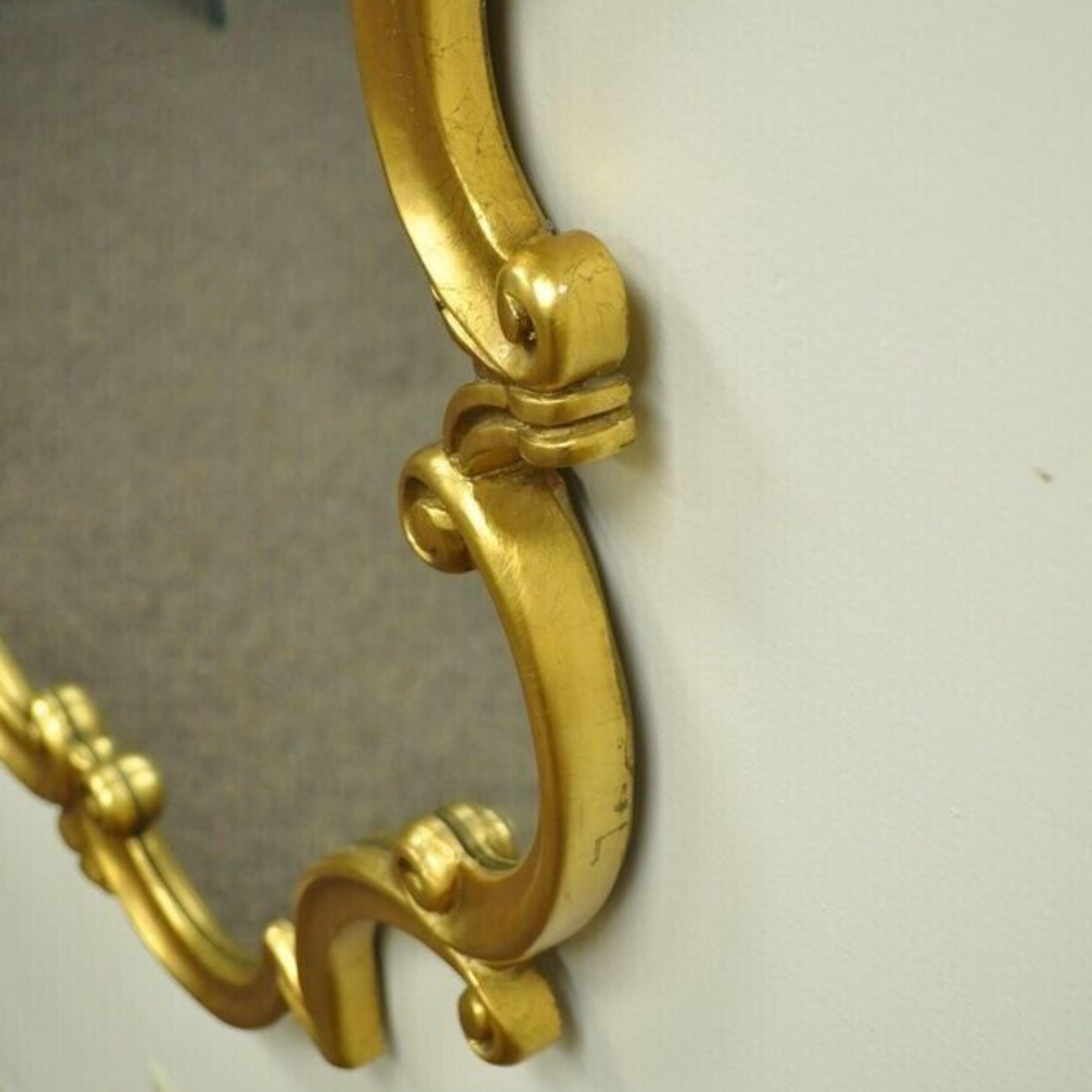 Vintage Hollywood Regency French Style Gold Carved Wood Scrollwork Wall Mirror For Sale 4