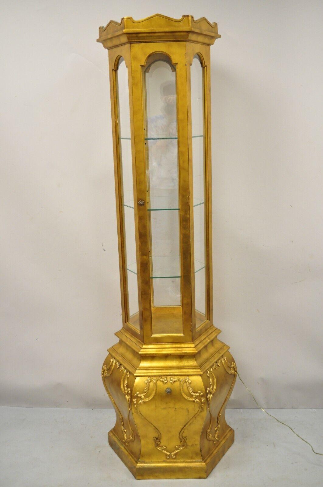 Vintage Hollywood Regency French Style Gold Hexagon Curio Display Cabinet 6