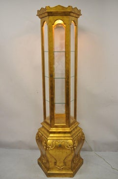 Vintage Hollywood Regency French Style Gold Hexagon Curio Display Cabinet