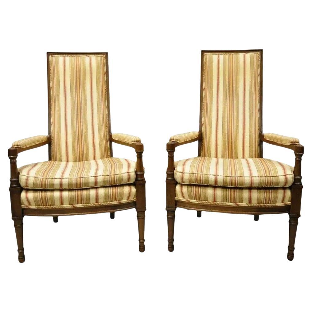 Vintage Hollywood Regency French Style High Back Upholstered Arm Chairs - a Pair