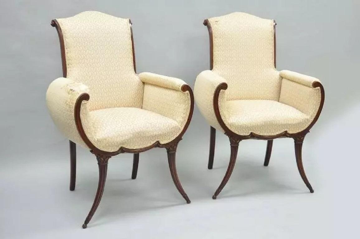Unknown Vintage Hollywood Regency French Style Mahogany Saber Leg Lounge Chairs - a Pair For Sale