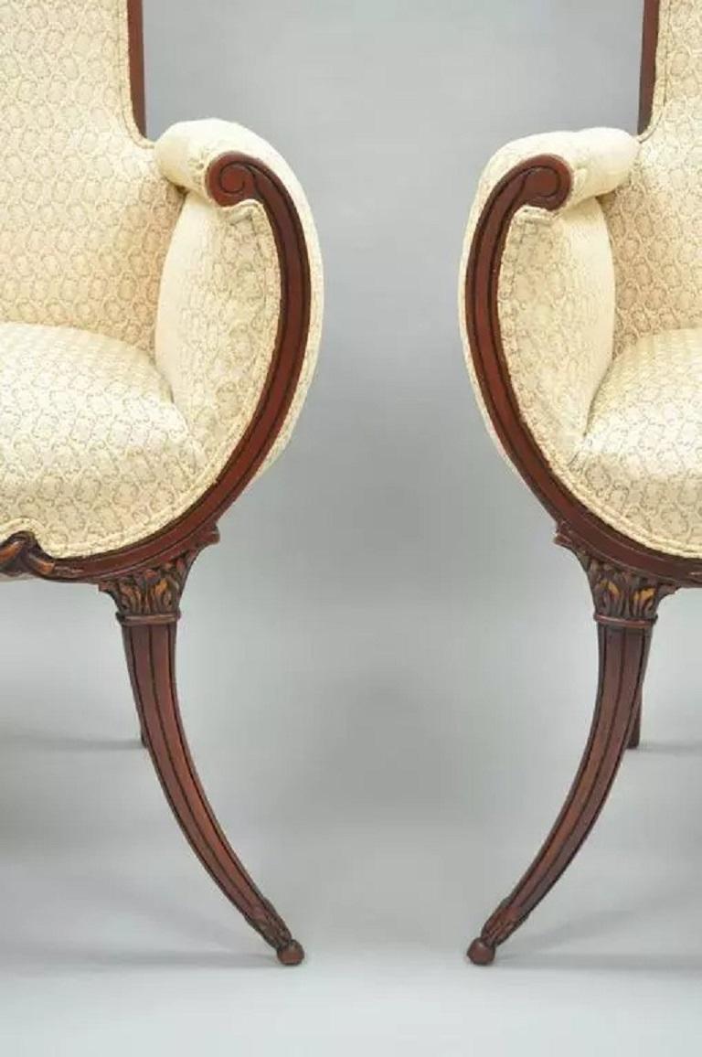 Vintage Hollywood Regency French Style Mahogany Saber Leg Lounge Chairs - a Pair In Good Condition For Sale In Philadelphia, PA