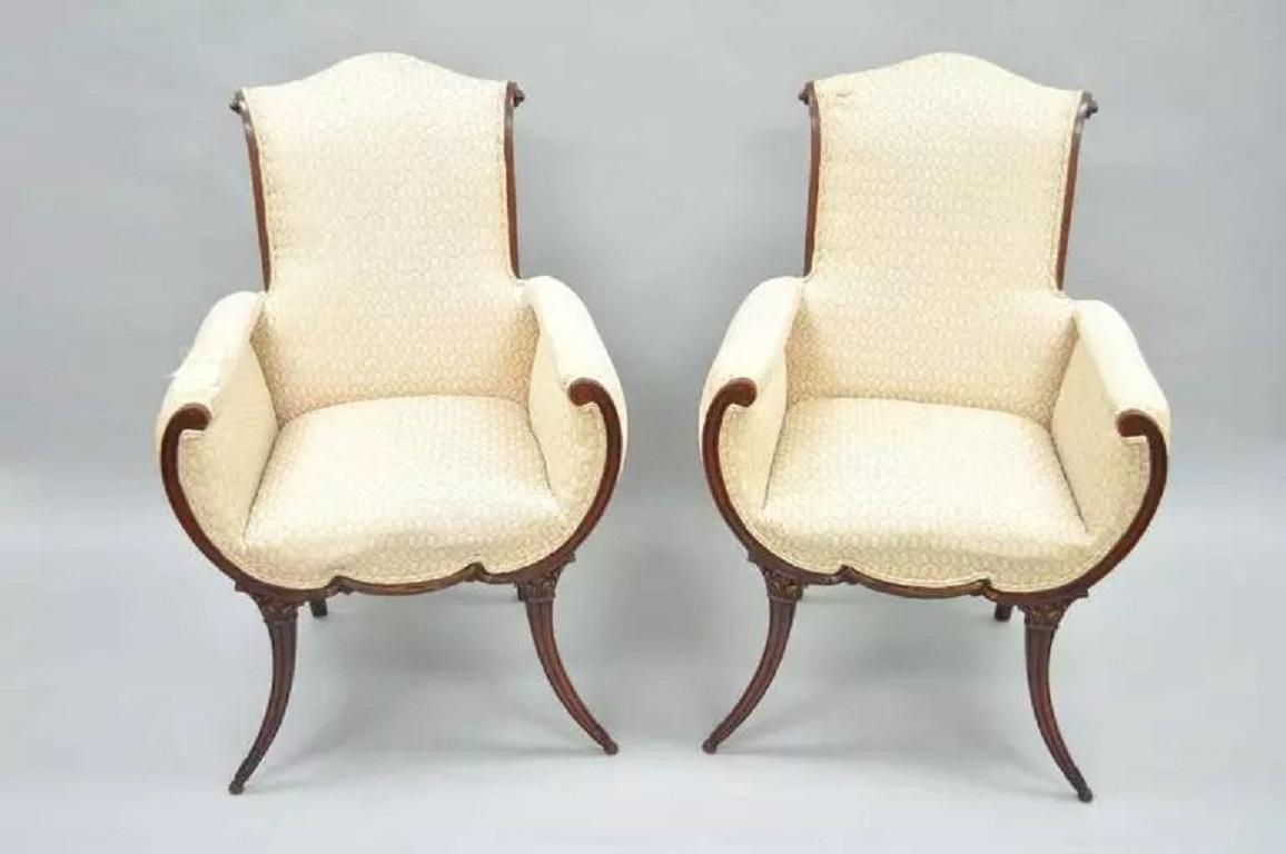 Fabric Vintage Hollywood Regency French Style Mahogany Saber Leg Lounge Chairs - a Pair For Sale