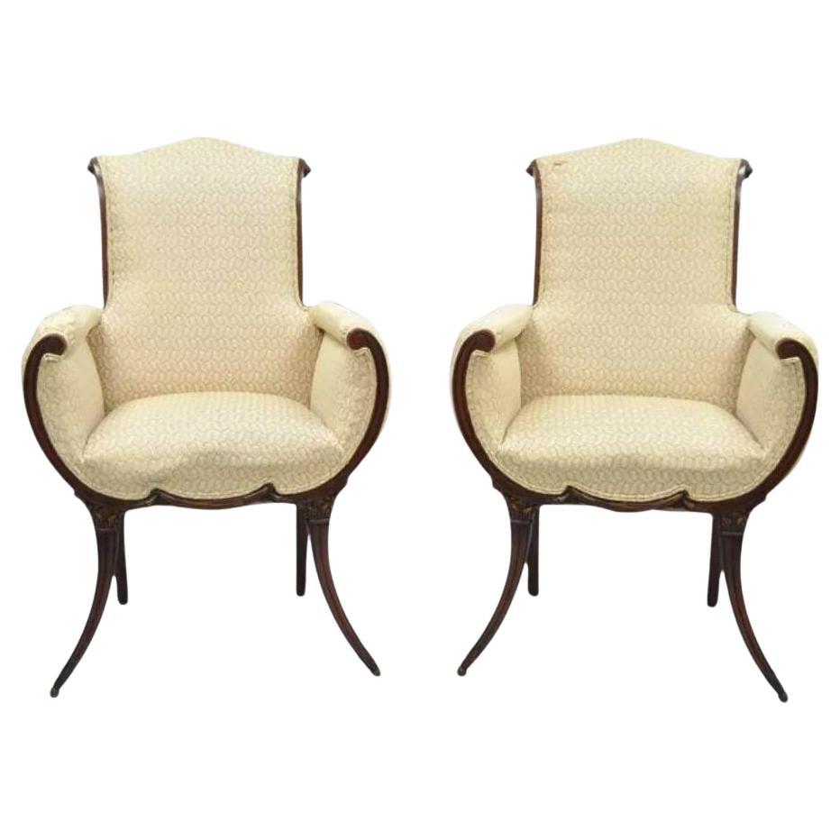 Vintage Hollywood Regency French Style Mahogany Saber Leg Lounge Chairs - a Pair For Sale