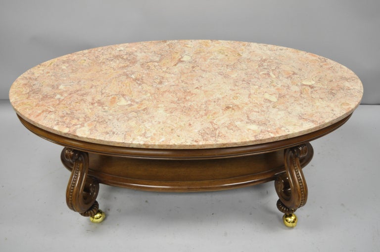 Vintage Hollywood Regency French Style Pink Marble Top Oval Coffee