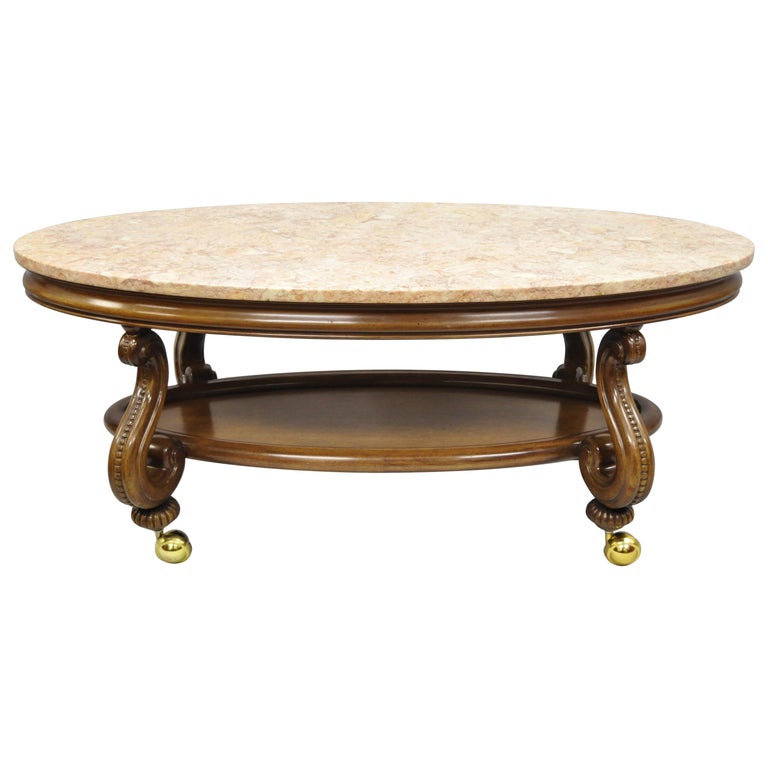 Vintage Hollywood Regency French Style Pink Marble Top Oval Coffee