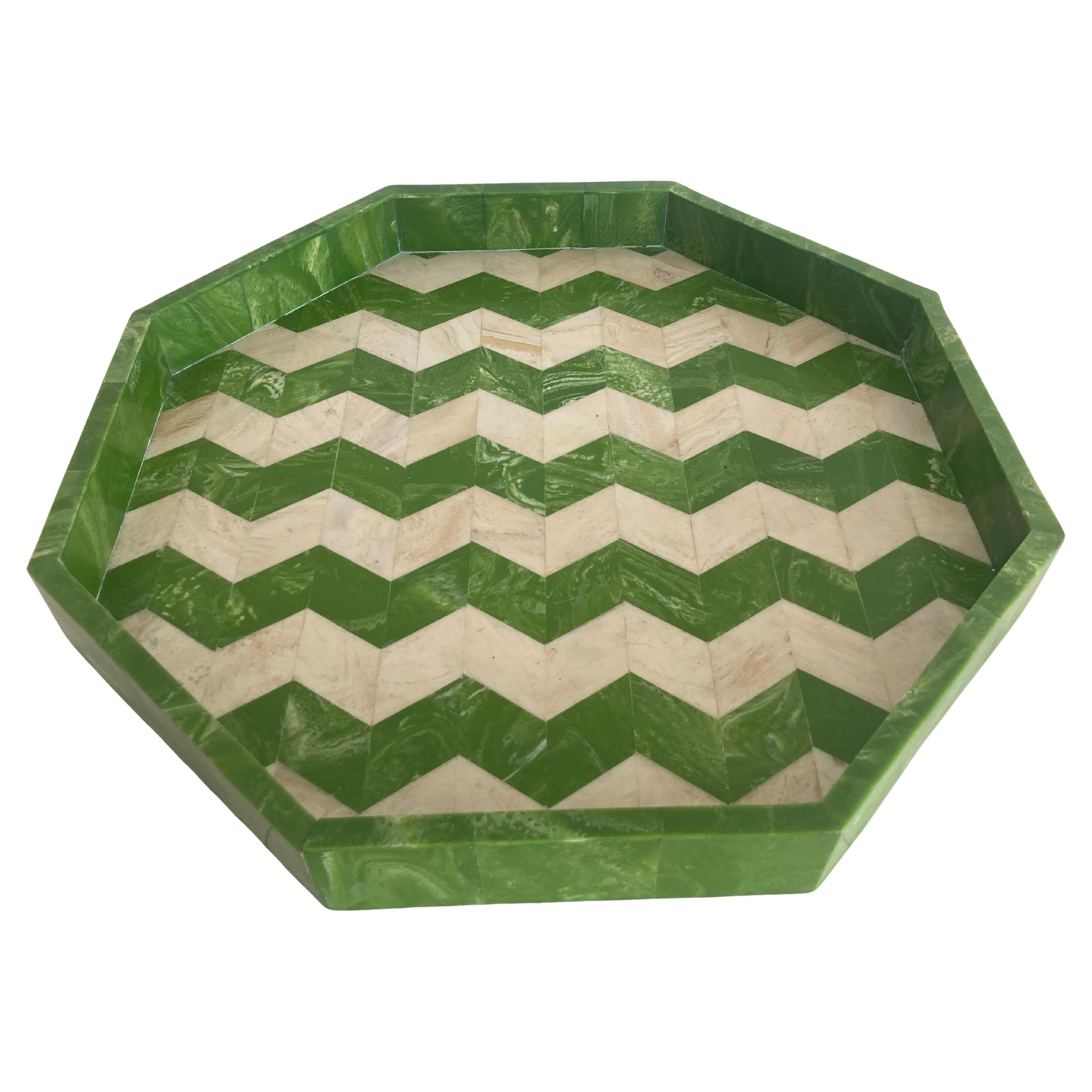 Vintage Hollywood Regency Geometric Serving Tray in Green and Beige For Sale