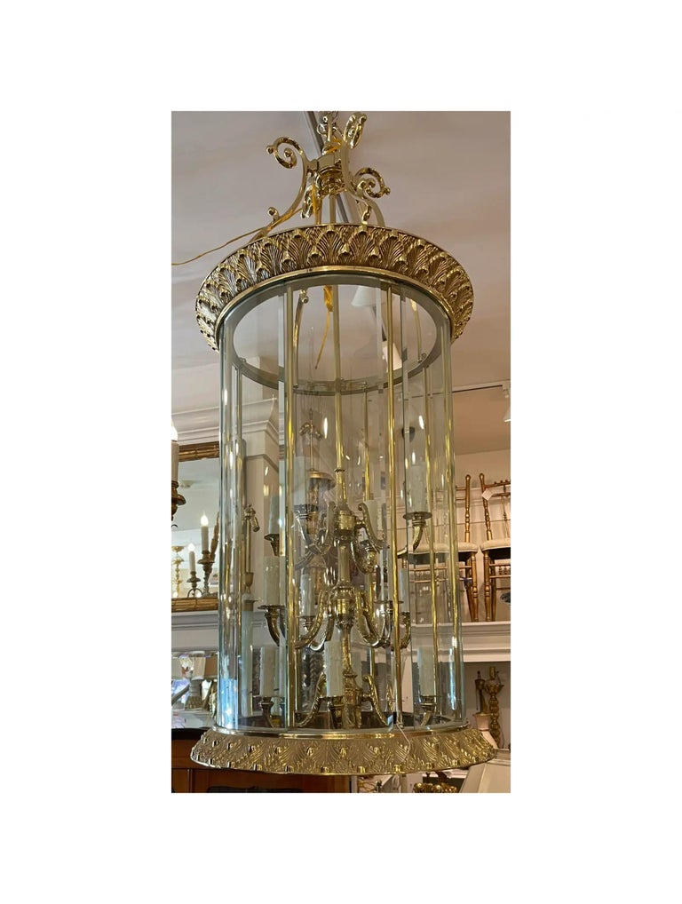 Vintage Hollywood Regency Gilt Brass and Glass Lantern Chandelier For