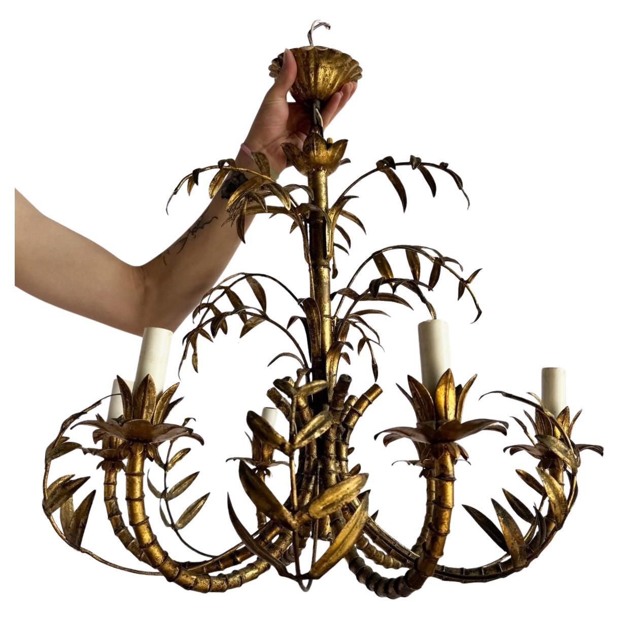 Vintage Hollywood Regency Gilt Faux Bamboo Metal Chandelier For Sale