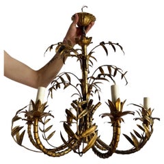 Vintage Hollywood Regency Gilt Faux Bamboo Metal Chandelier