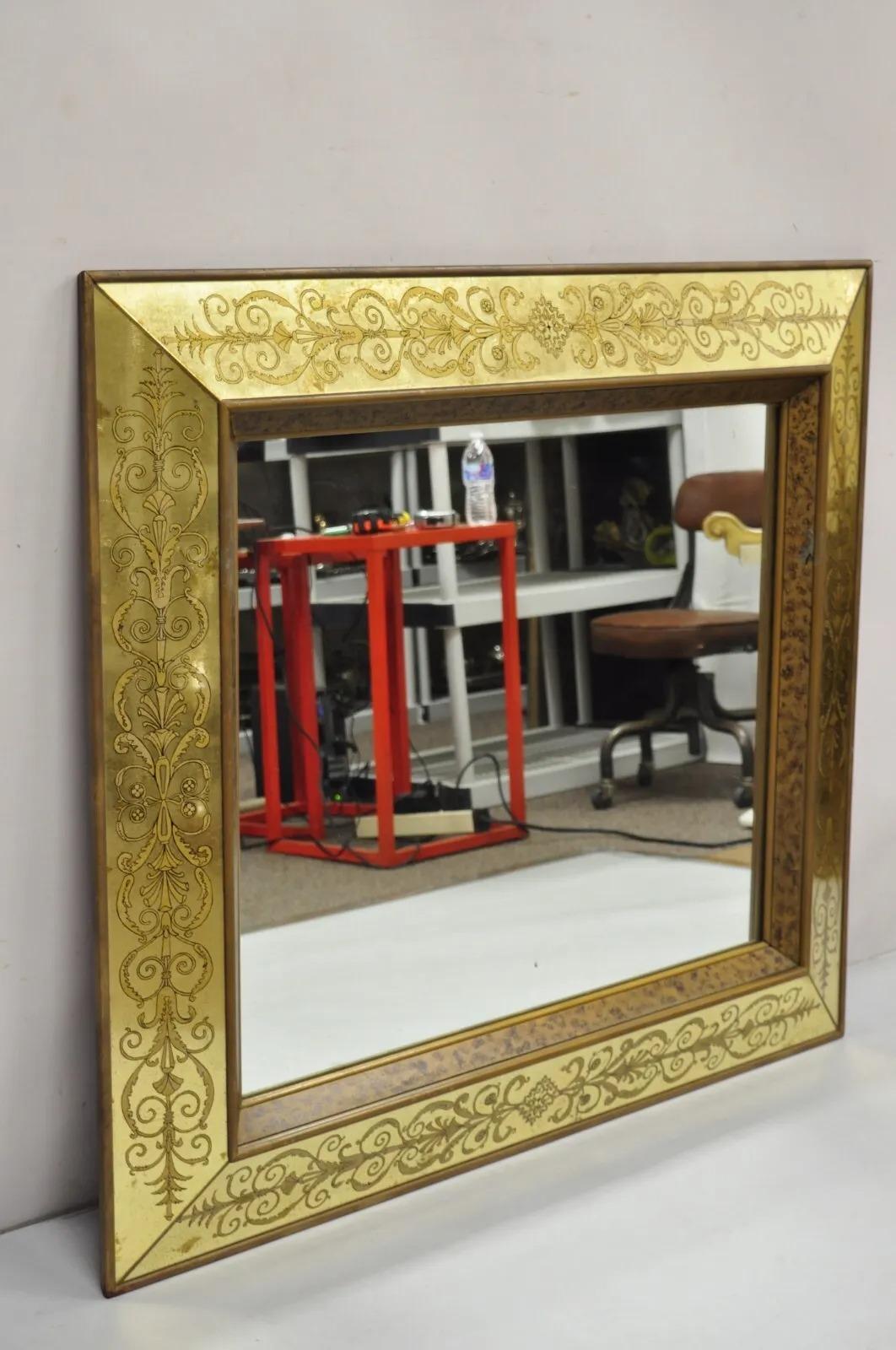 Vintage Hollywood Regency Gilt Gold Leaf Italian Style Rectangular Wall Mirror. Item features glass mirror panel frame, reverse painted scrolling accents with old world distressed finish, very nice vintage wall mirror. Original hardware to rear to