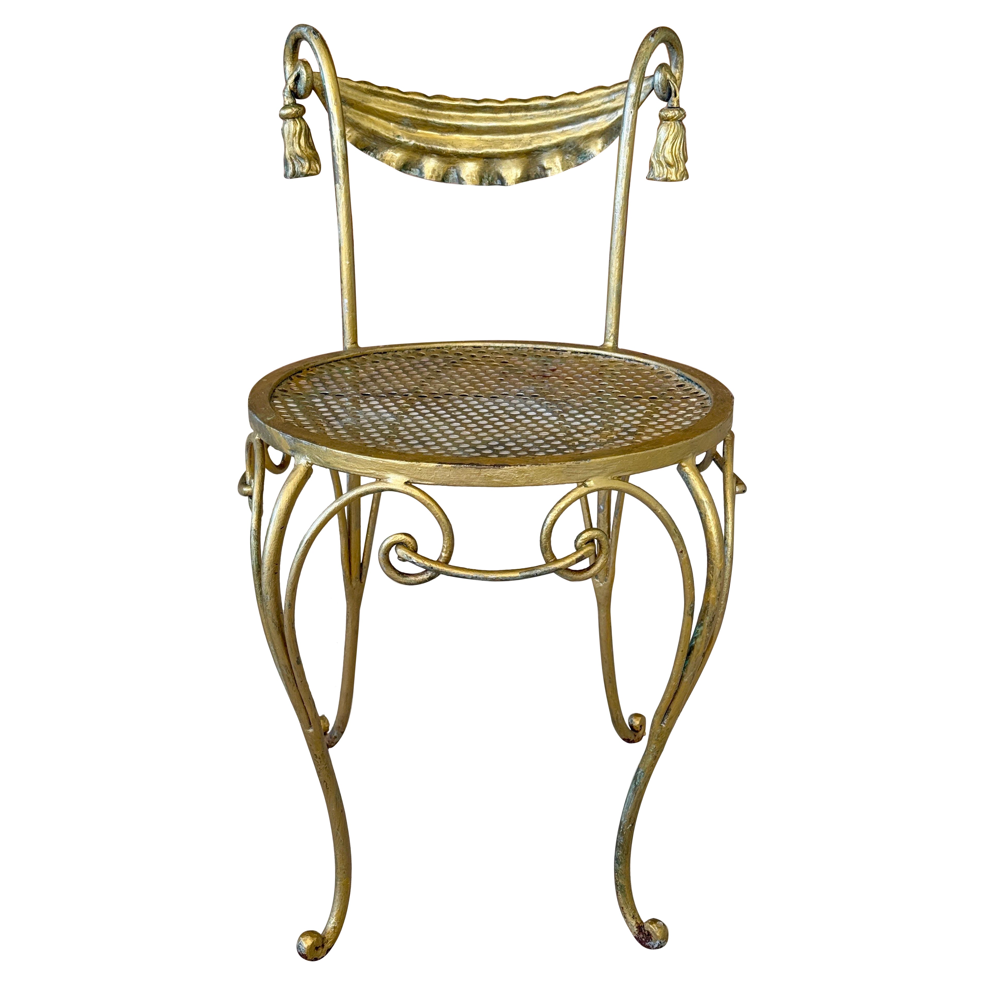 Vintage Hollywood Regency Gilt Metal Vanity Chair With Tassel Swag Detail For Sale