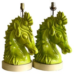 Retro Hollywood Regency Glazed Ceramic Carousel Horse Lamps, a Pair
