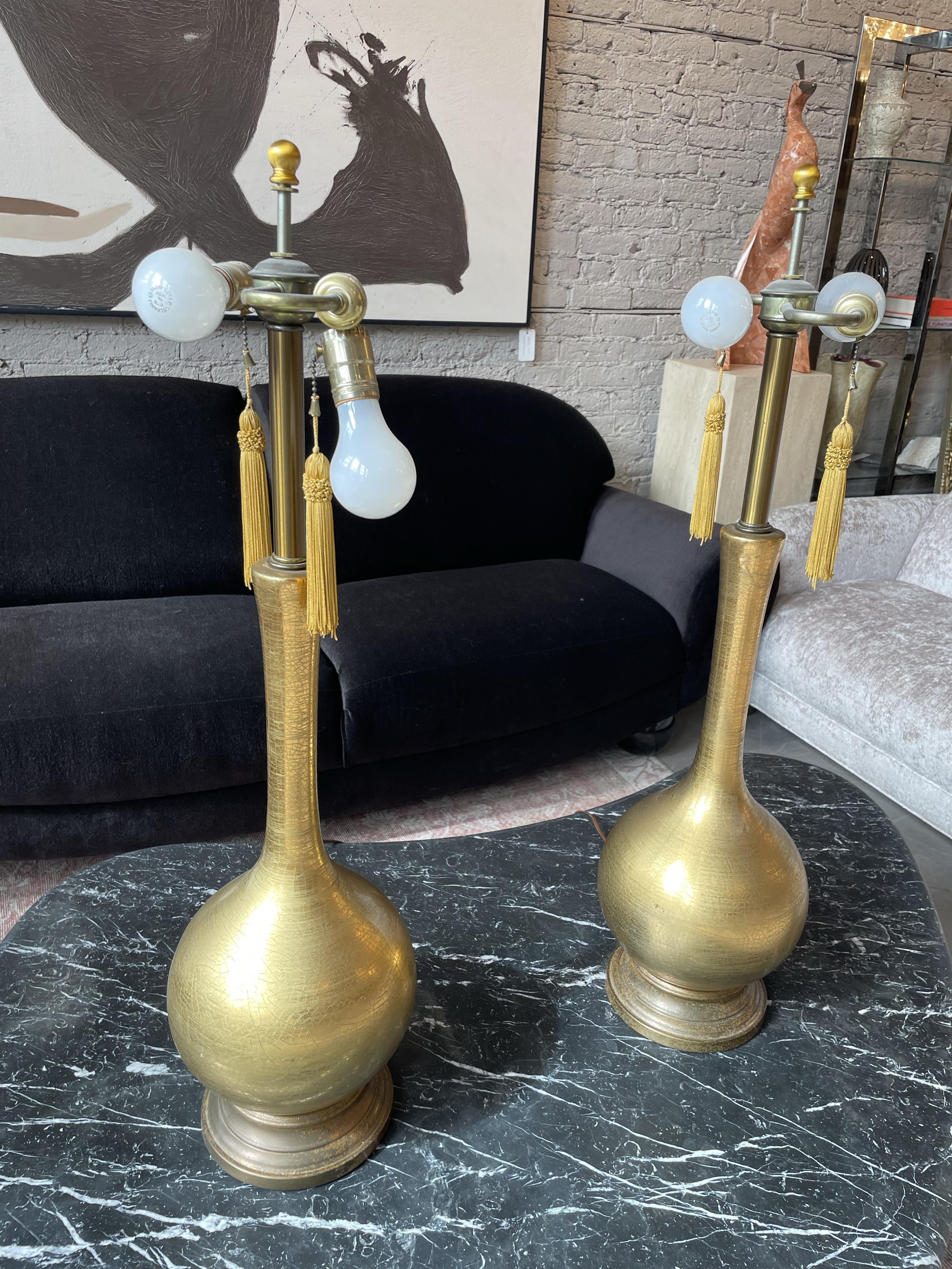 Vintage Hollywood Regency Gold Crackle Lamps - a Pair In Good Condition For Sale In Chicago, IL