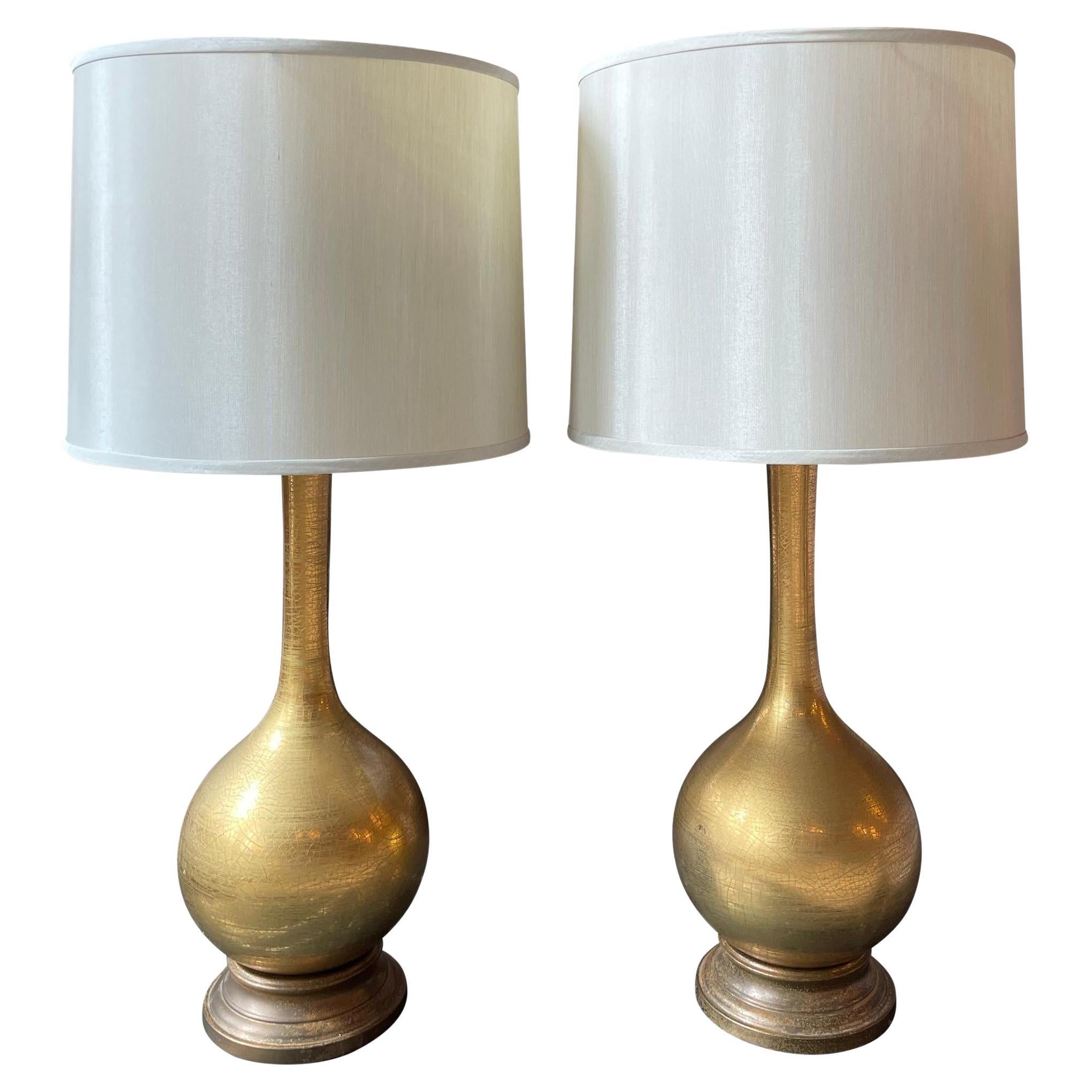 Vintage Hollywood Regency Gold Crackle Lamps - a Pair For Sale