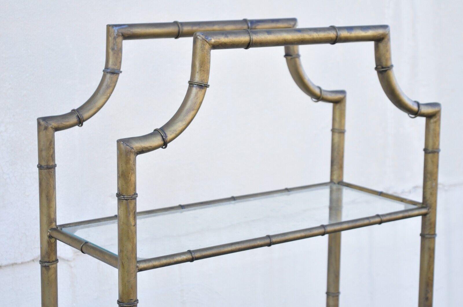 Vintage Hollywood Regency Gold Gilt Iron Small Faux Bamboo Pagoda Etagere Shelf In Good Condition In Philadelphia, PA