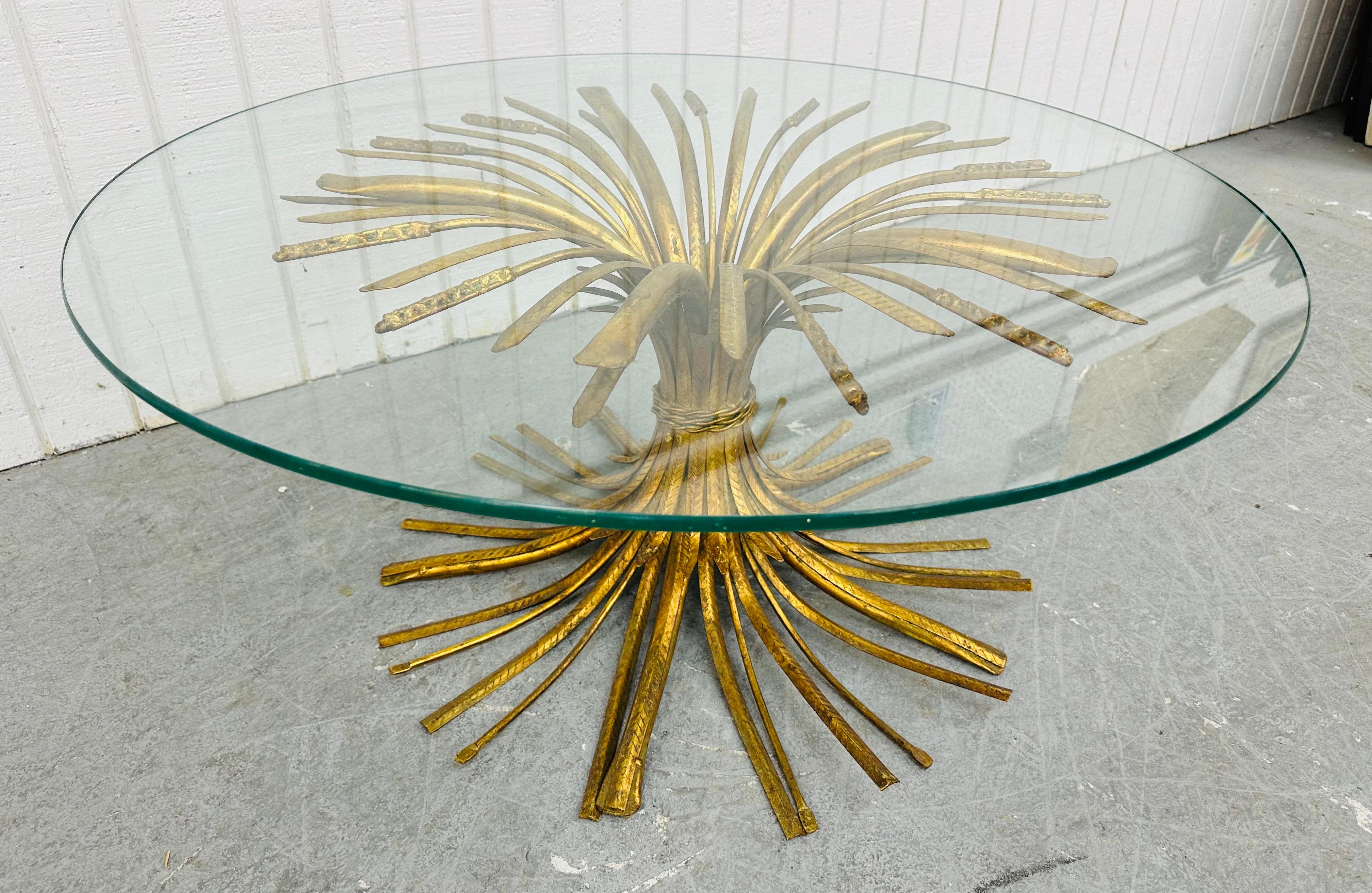 Italian Vintage Hollywood Regency Gold Gilt Wheat Glass Top Coffee Table
